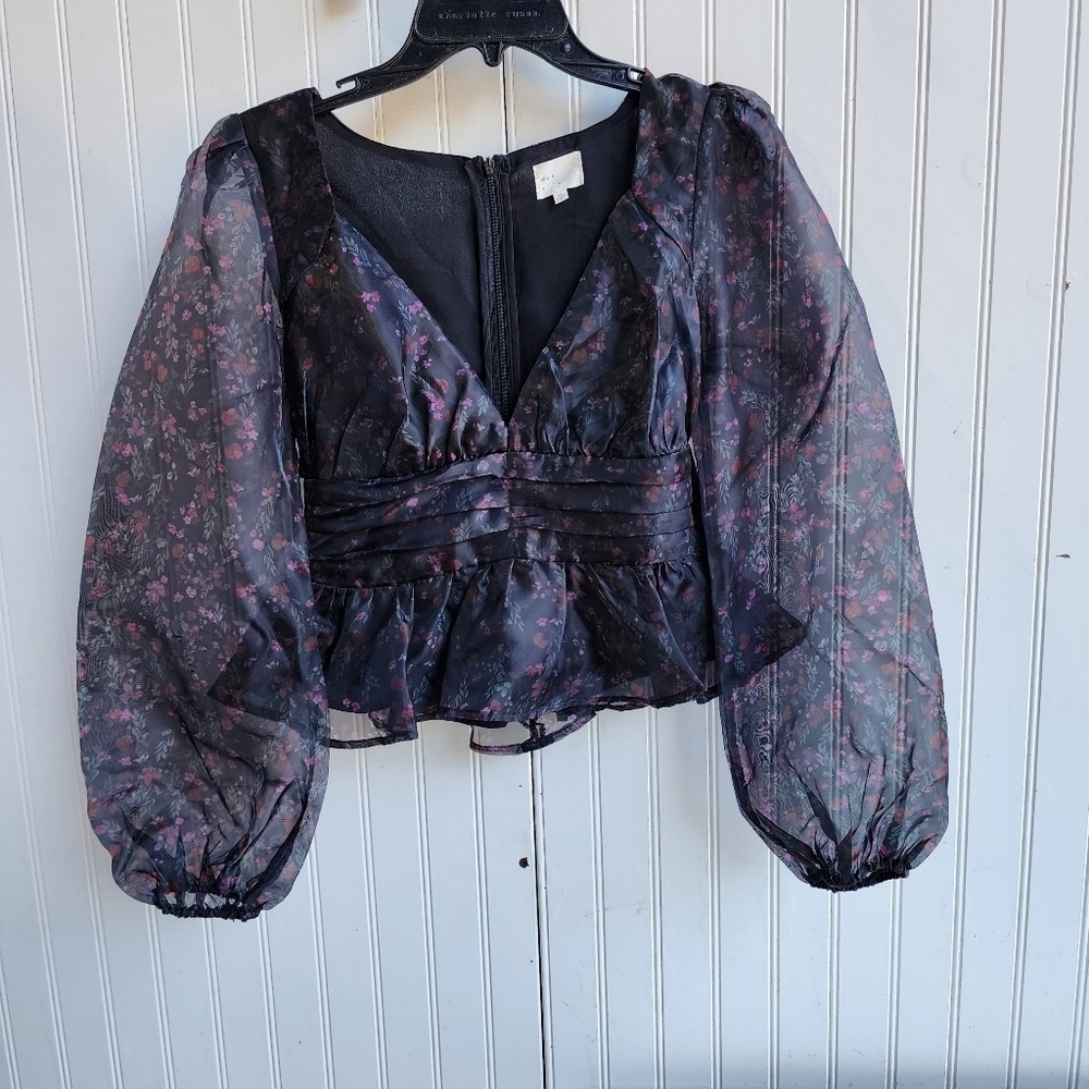Dee Elly Cropped Black Fuchsia Floral chiffon Organza babydoll top Sweetheart XS